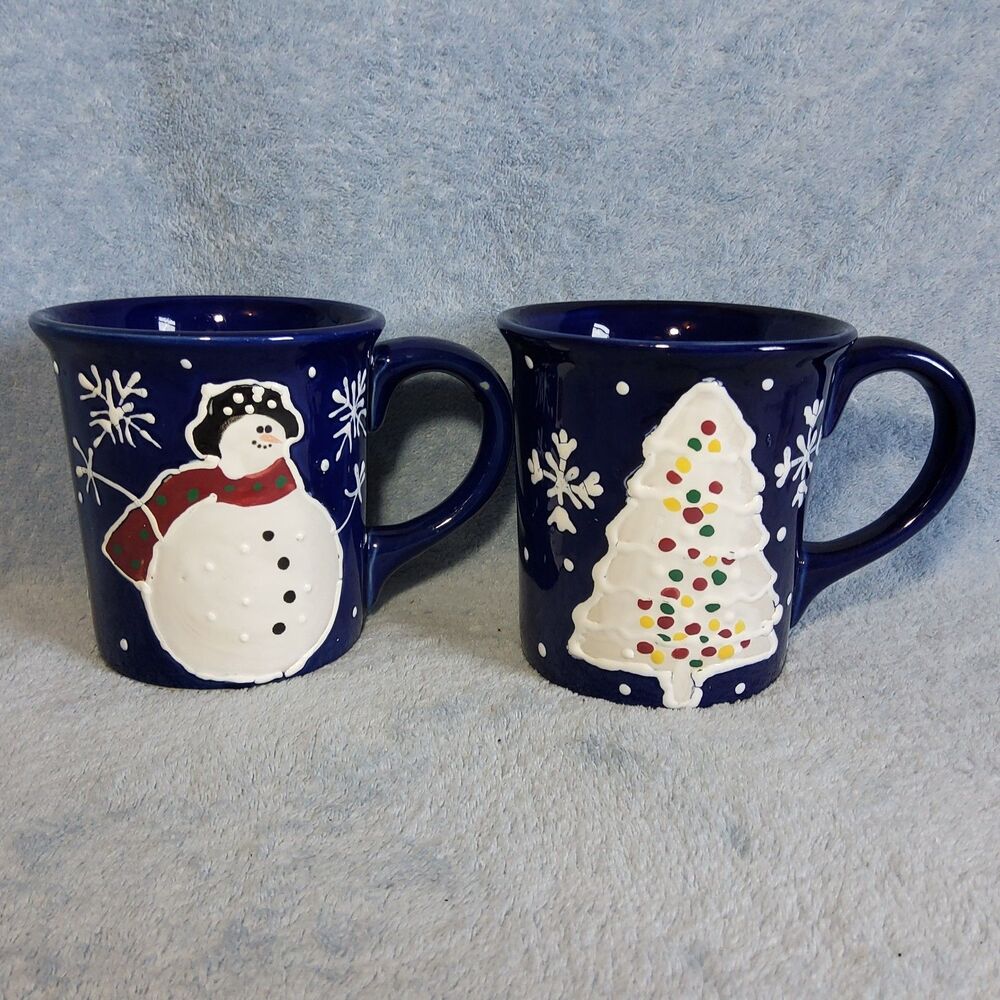 Set Of 2 Vintage WCL Winter Christmas Tree Snowman Mug Ceramic Navy Blue 90s Y2K
